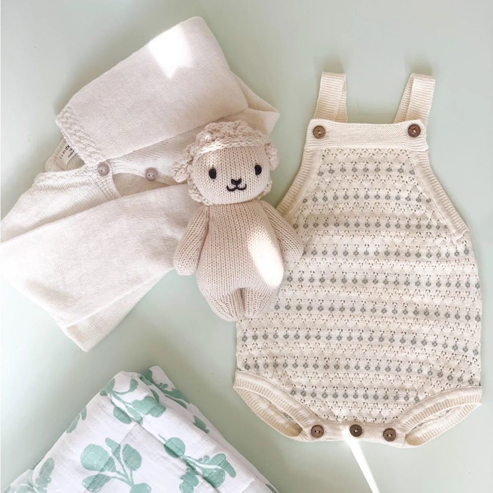 Quincy Mae Tatum Cream and Seafoam Green Knitted Romper | 12m - 18m